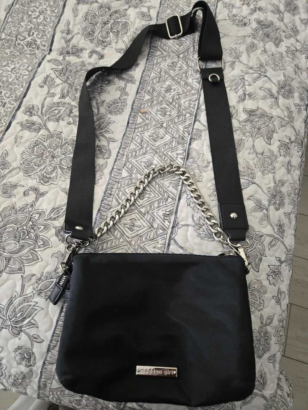 Madden Girl Black Crossbody Bag with Silver Chain Accent